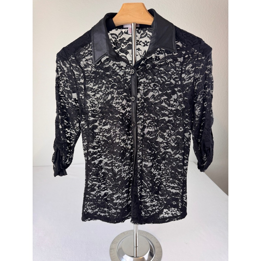 Bongo Women's Small Black Lace Button Up Blouse Faux Leather Trim Whimsigoth Y2K